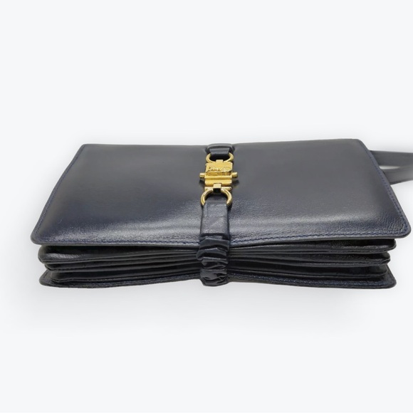 Auth Vtg Celine Small Navy Blue Polished Leather Trio Shoulder Bag 1970s Caleche - Picture 5 of 9